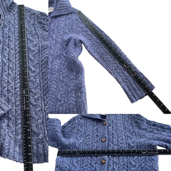 LL Bean Vintage L Blue Cable Knit Wool Bl Buttons Chunky Cardigan Sweater Granny - Picture 5 of 16